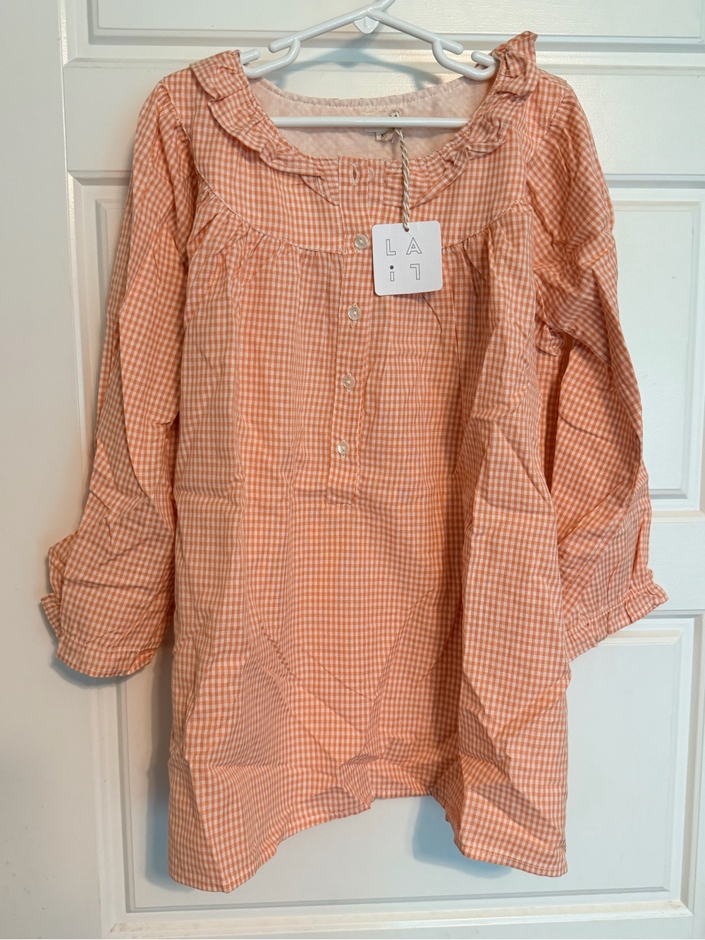 LA11 Women's Peach Gingham Ruffle Yoke Blouse